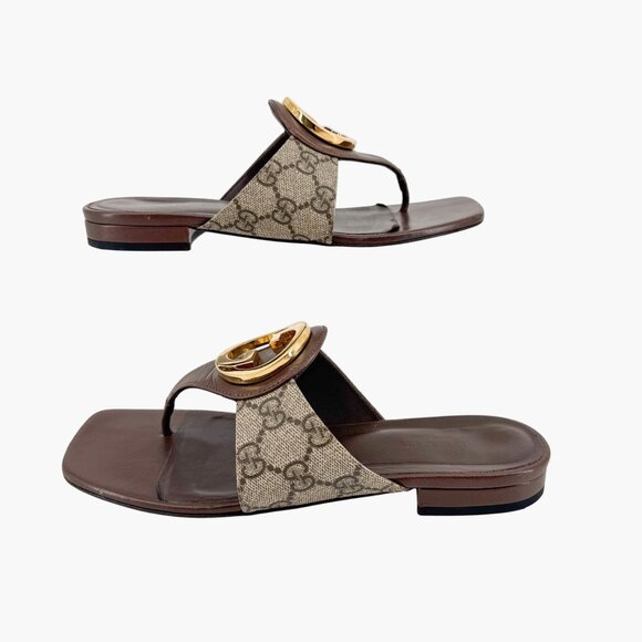 Gucci Blondie GG Flat Thong Sandals Beige Monogram Leather Size 37 US 7 Women - Picture 8 of 15